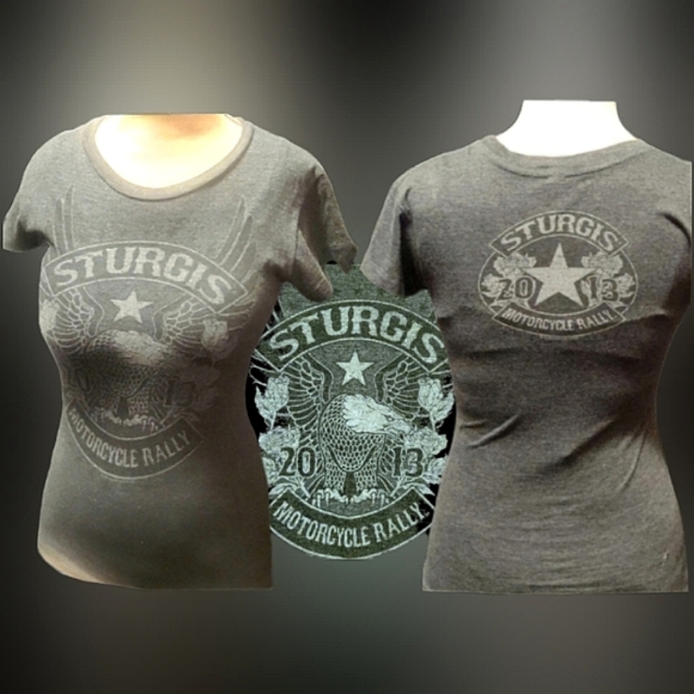 Hot Leathers gray burn out Sturgis 2013 eagle roses stars graphic fitted shirt M